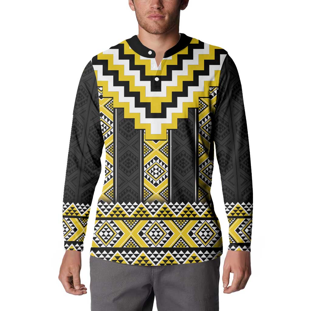 Yellow Taniko Aotearoa Button Sweatshirt Niho Taniwha Mix Poutama