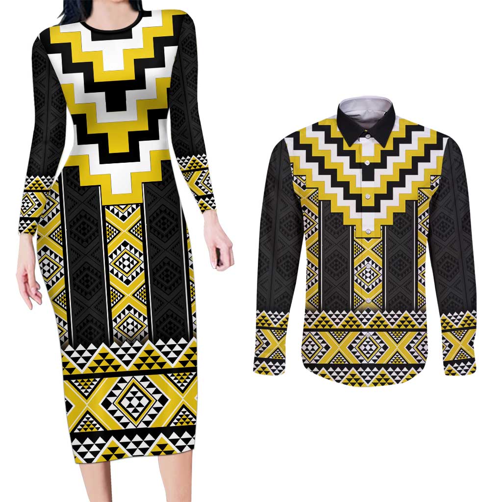 Yellow Taniko Aotearoa Couples Matching Long Sleeve Bodycon Dress and Long Sleeve Button Shirt Niho Taniwha Mix Poutama