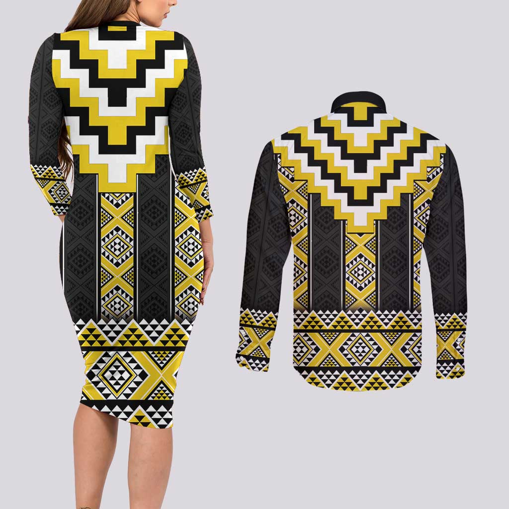 Yellow Taniko Aotearoa Couples Matching Long Sleeve Bodycon Dress and Long Sleeve Button Shirt Niho Taniwha Mix Poutama