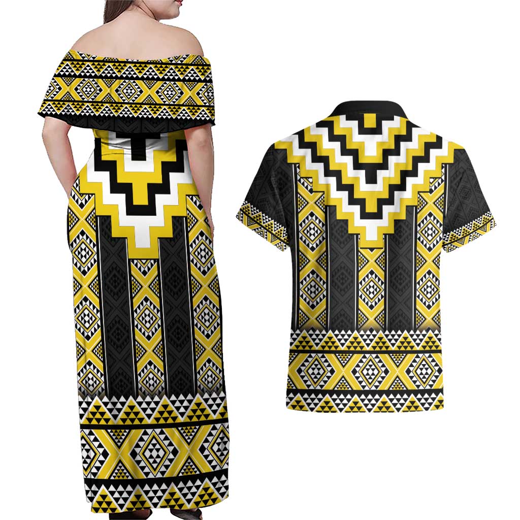 Yellow Taniko Aotearoa Couples Matching Off Shoulder Maxi Dress and Hawaiian Shirt Niho Taniwha Mix Poutama