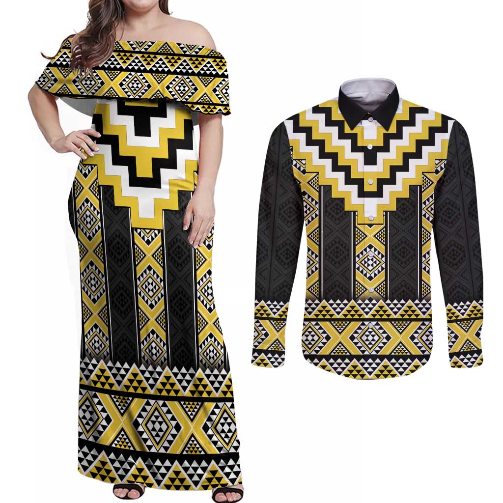 Yellow Taniko Aotearoa Couples Matching Off Shoulder Maxi Dress and Long Sleeve Button Shirt Niho Taniwha Mix Poutama