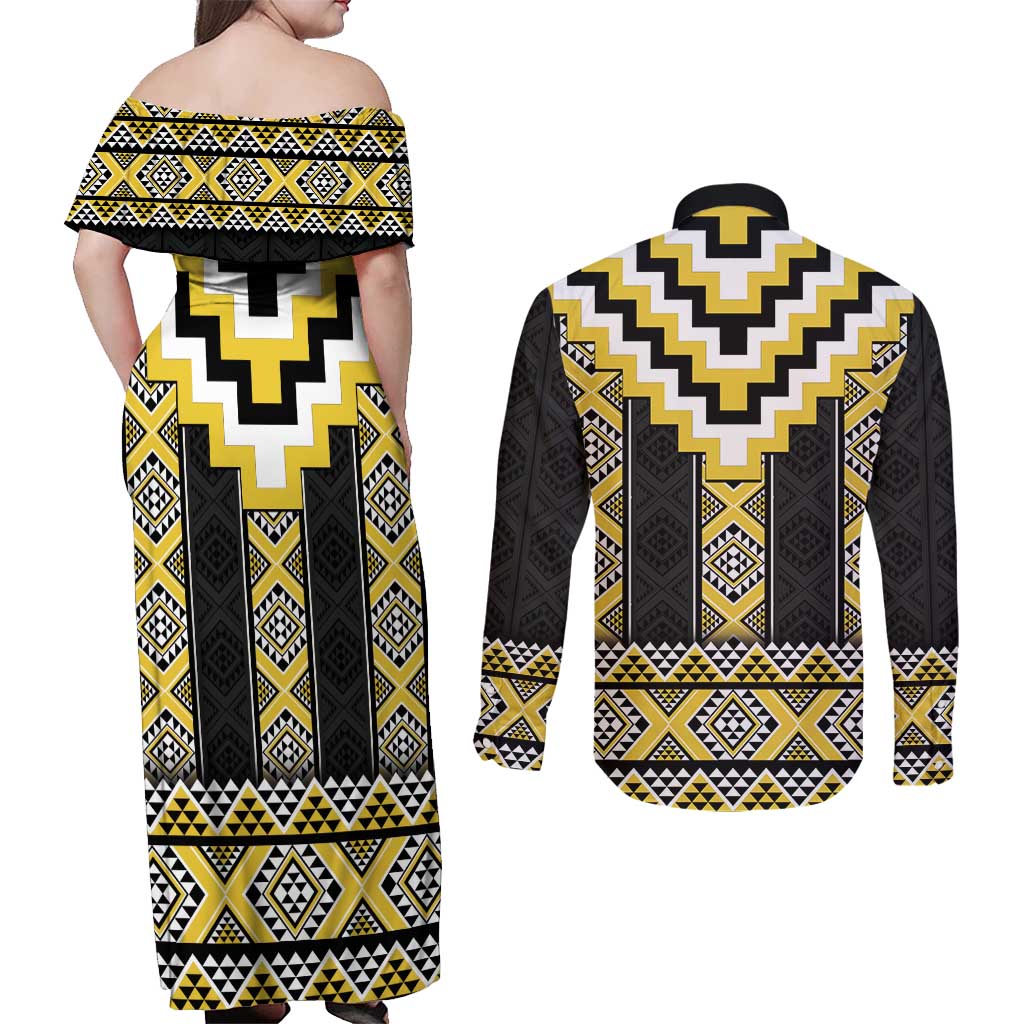 Yellow Taniko Aotearoa Couples Matching Off Shoulder Maxi Dress and Long Sleeve Button Shirt Niho Taniwha Mix Poutama