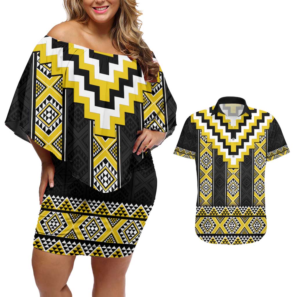 Yellow Taniko Aotearoa Couples Matching Off Shoulder Short Dress and Hawaiian Shirt Niho Taniwha Mix Poutama