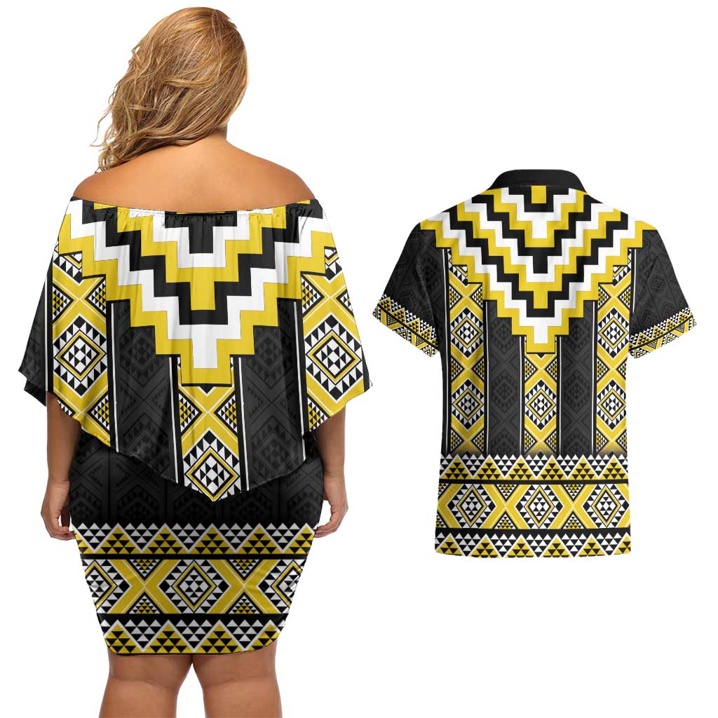 Yellow Taniko Aotearoa Couples Matching Off Shoulder Short Dress and Hawaiian Shirt Niho Taniwha Mix Poutama