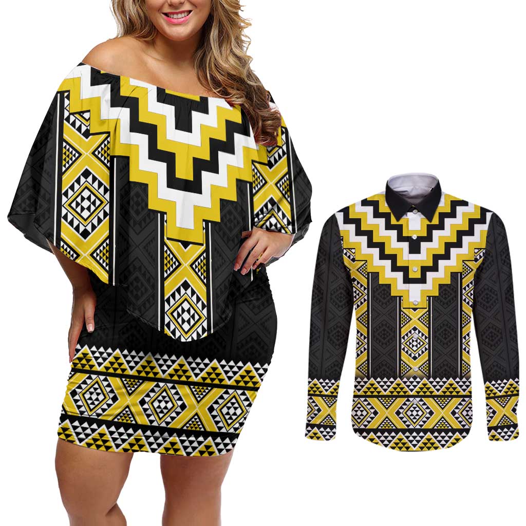 Yellow Taniko Aotearoa Couples Matching Off Shoulder Short Dress and Long Sleeve Button Shirt Niho Taniwha Mix Poutama