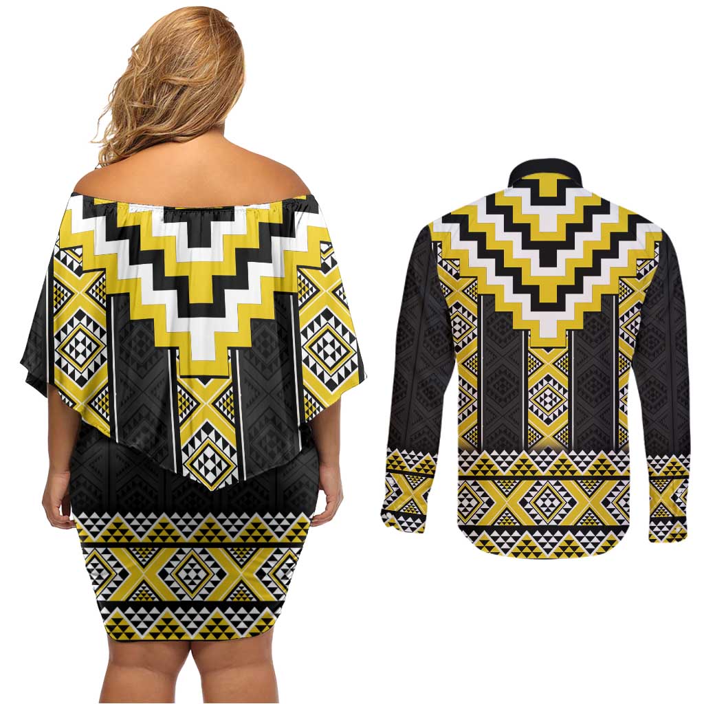 Yellow Taniko Aotearoa Couples Matching Off Shoulder Short Dress and Long Sleeve Button Shirt Niho Taniwha Mix Poutama