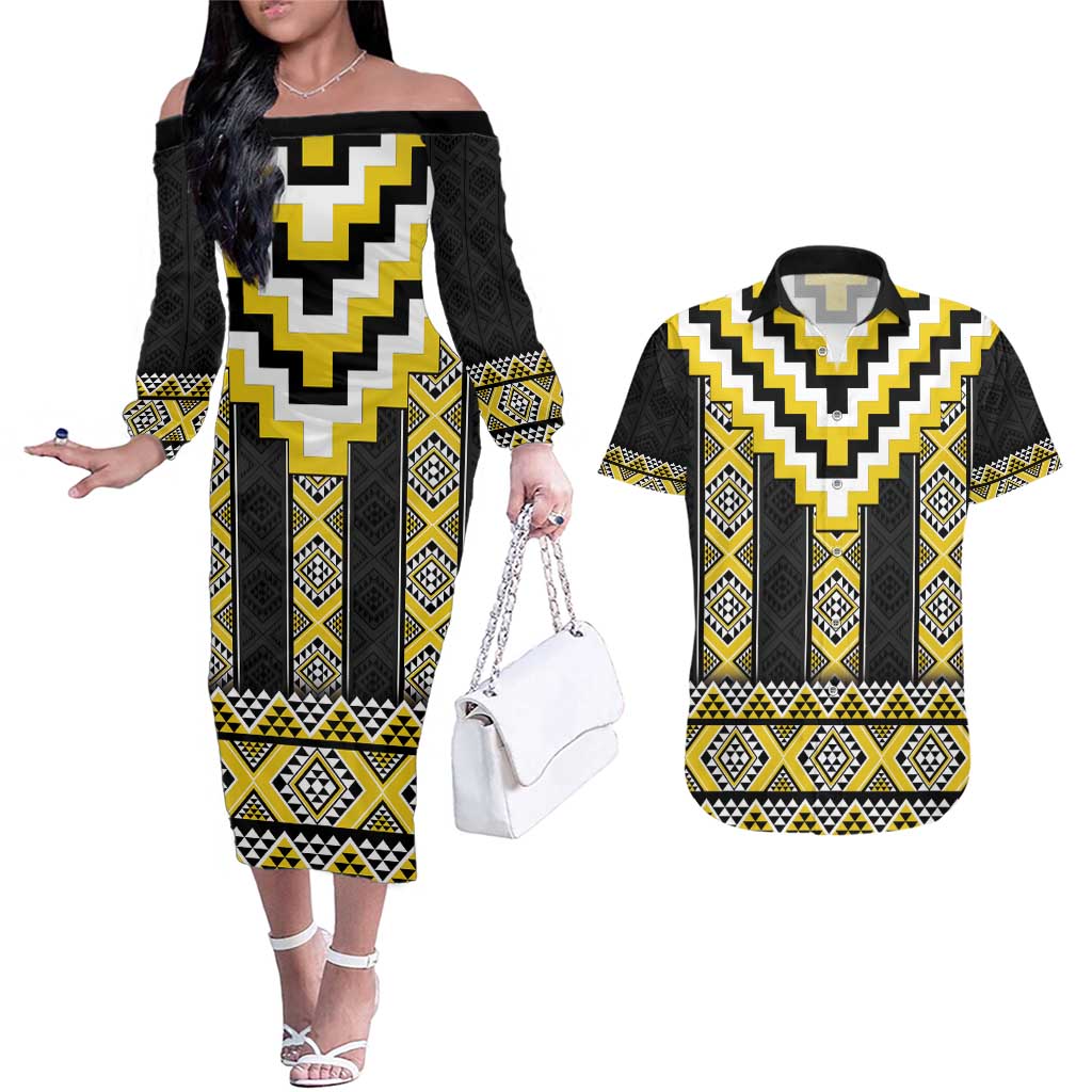 Yellow Taniko Aotearoa Couples Matching Off The Shoulder Long Sleeve Dress and Hawaiian Shirt Niho Taniwha Mix Poutama