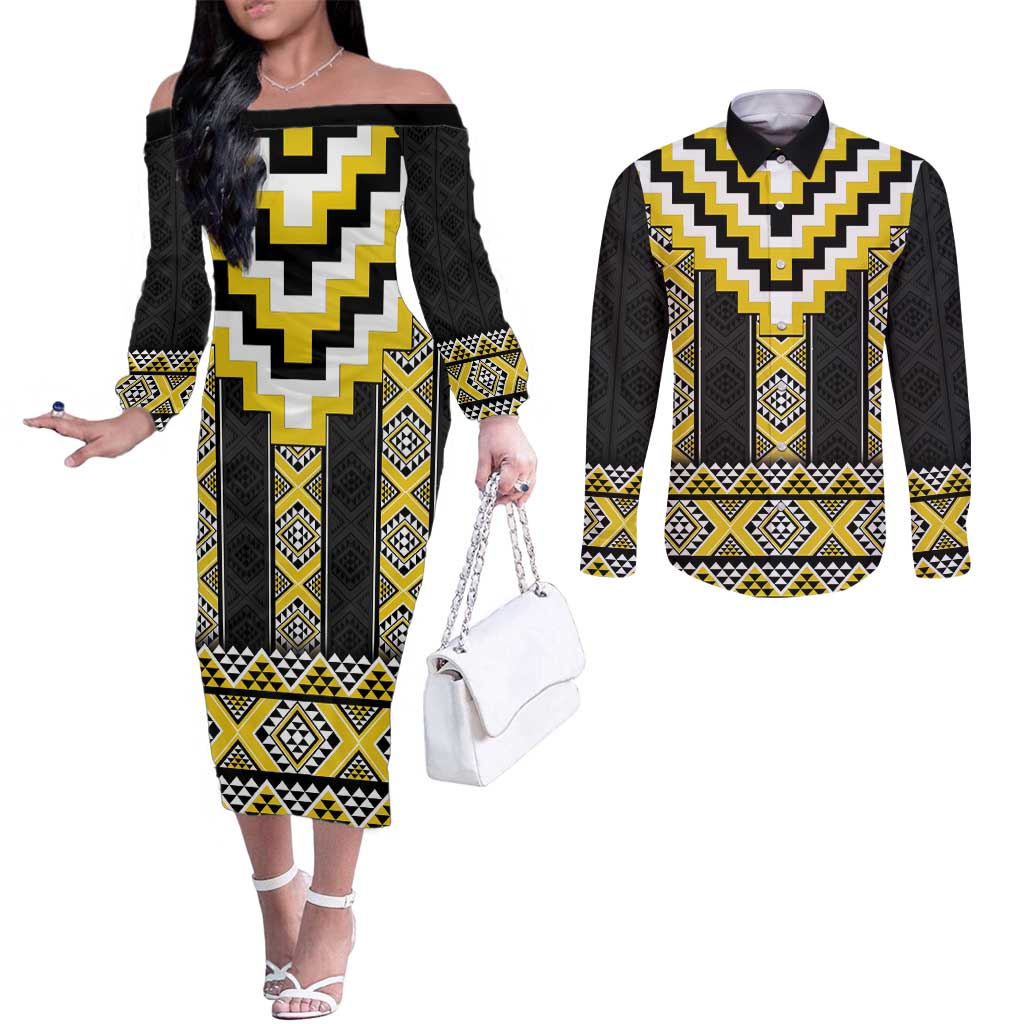 Yellow Taniko Aotearoa Couples Matching Off The Shoulder Long Sleeve Dress and Long Sleeve Button Shirt Niho Taniwha Mix Poutama