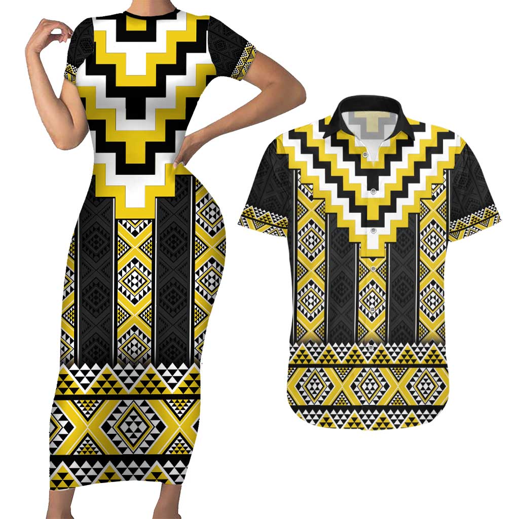 Yellow Taniko Aotearoa Couples Matching Short Sleeve Bodycon Dress and Hawaiian Shirt Niho Taniwha Mix Poutama