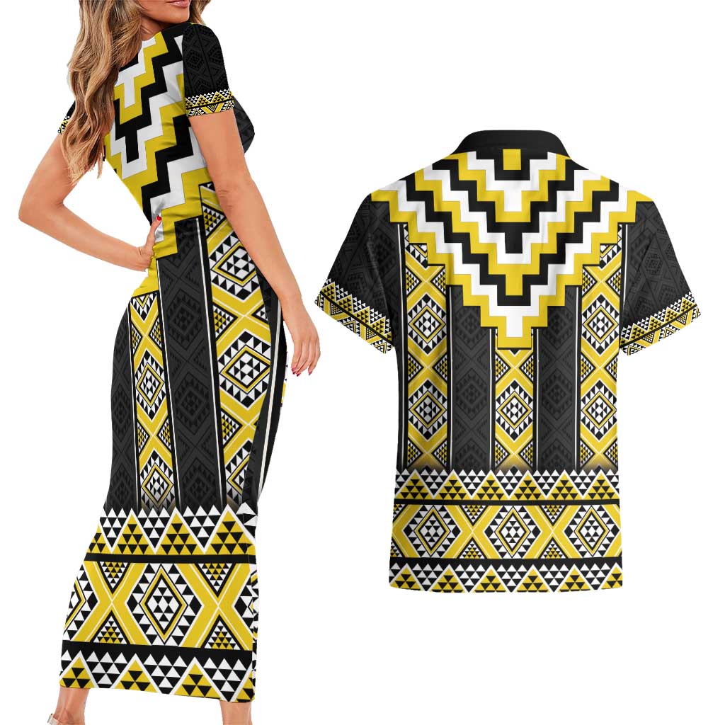 Yellow Taniko Aotearoa Couples Matching Short Sleeve Bodycon Dress and Hawaiian Shirt Niho Taniwha Mix Poutama