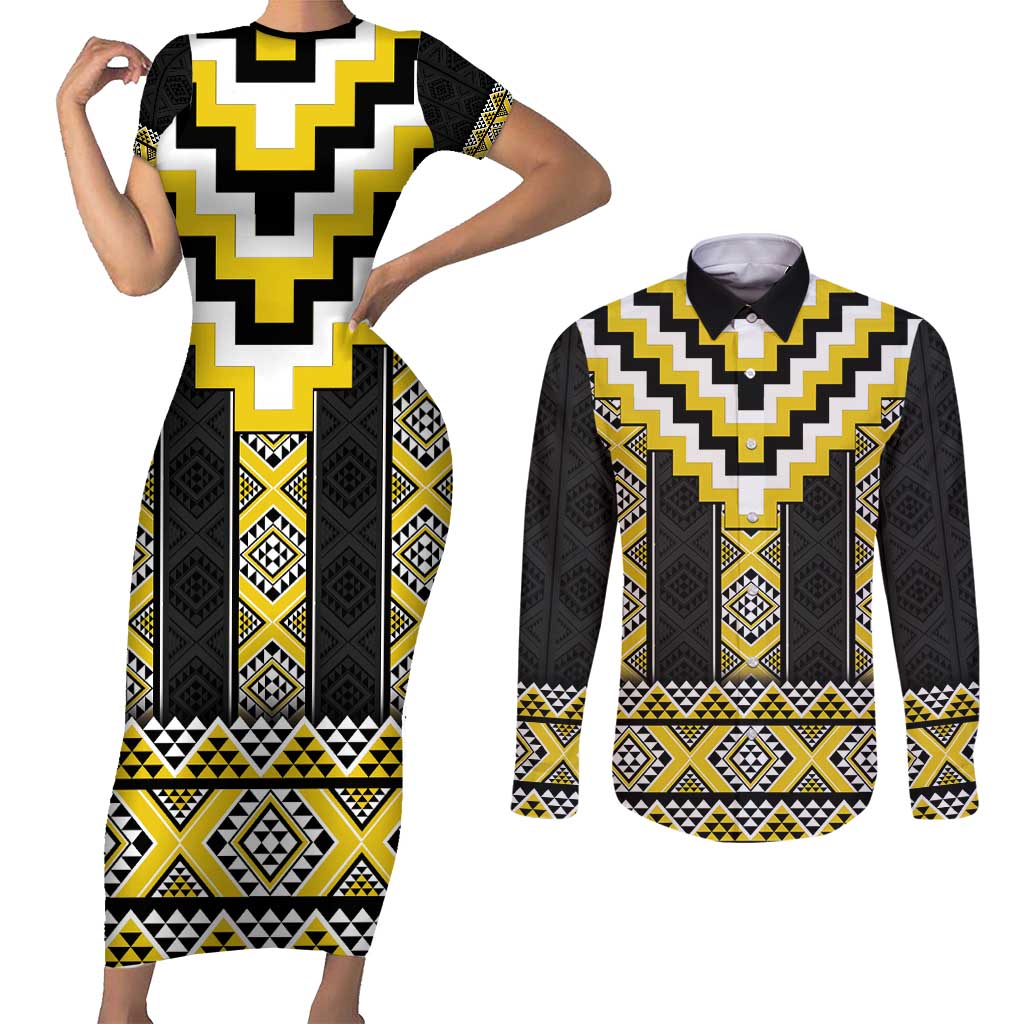 Yellow Taniko Aotearoa Couples Matching Short Sleeve Bodycon Dress and Long Sleeve Button Shirt Niho Taniwha Mix Poutama