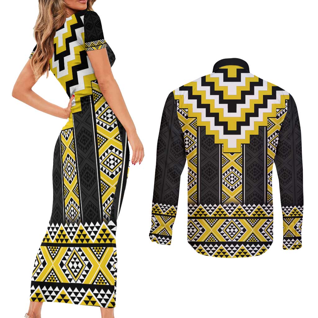 Yellow Taniko Aotearoa Couples Matching Short Sleeve Bodycon Dress and Long Sleeve Button Shirt Niho Taniwha Mix Poutama