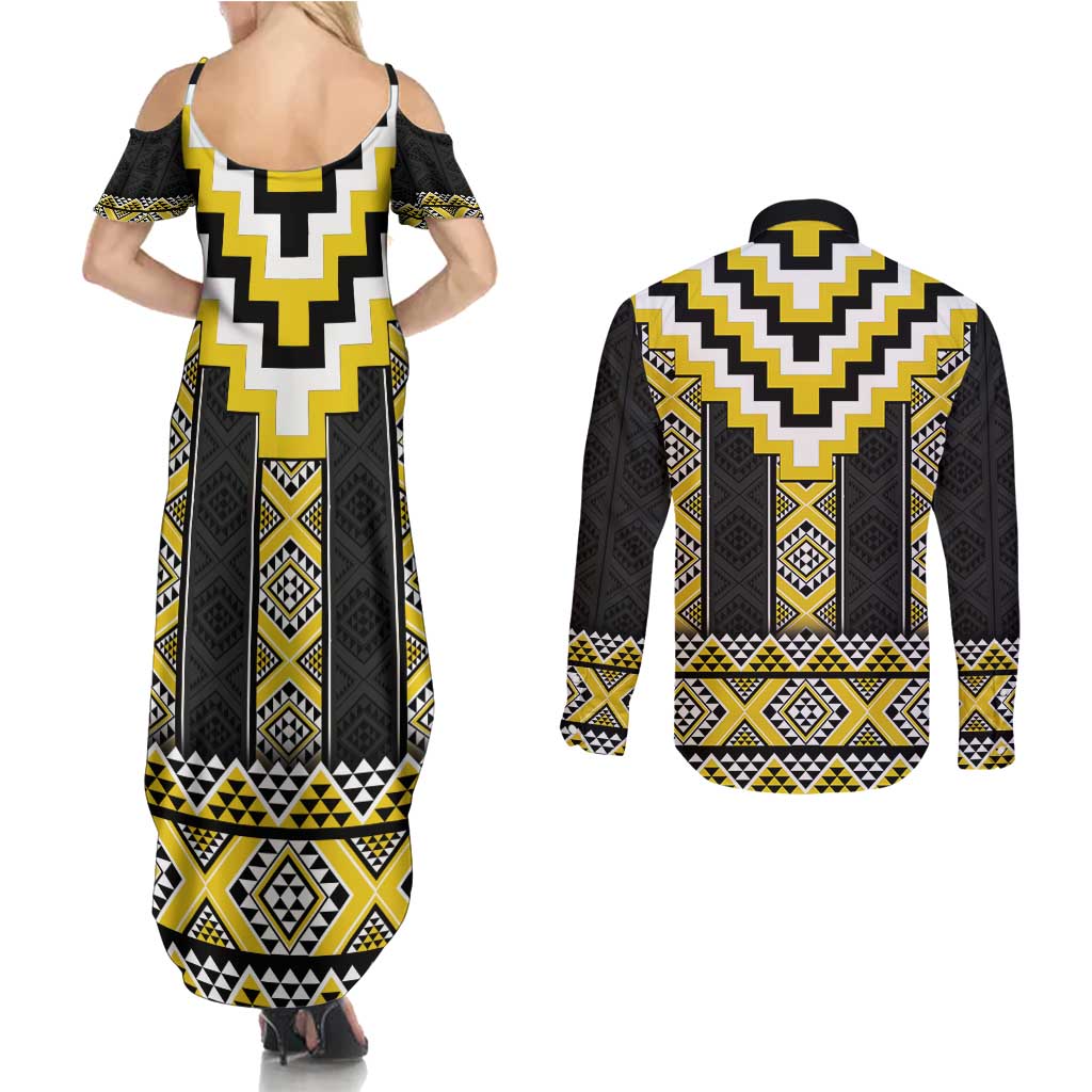 Yellow Taniko Aotearoa Couples Matching Summer Maxi Dress and Long Sleeve Button Shirt Niho Taniwha Mix Poutama