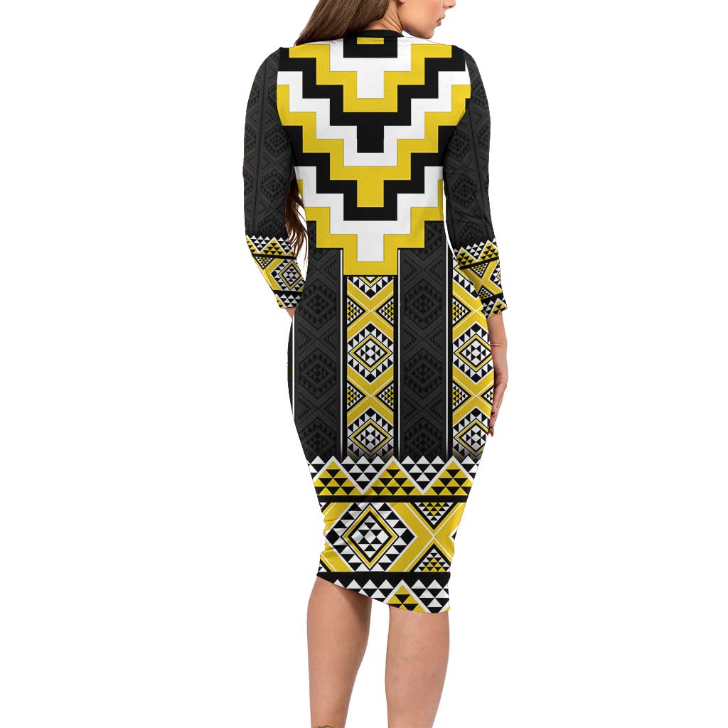 Yellow Taniko Aotearoa Family Matching Long Sleeve Bodycon Dress and Hawaiian Shirt Niho Taniwha Mix Poutama