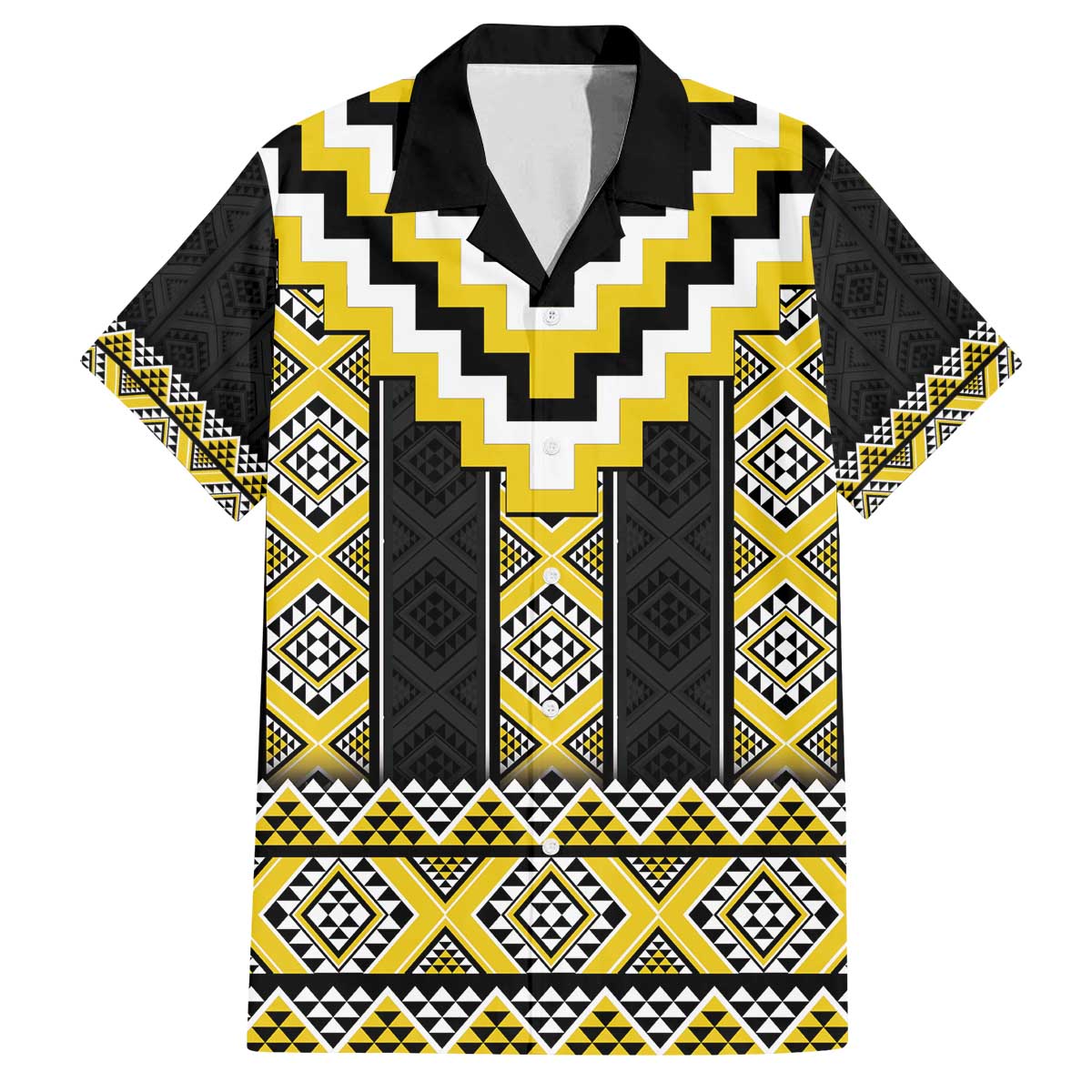 Yellow Taniko Aotearoa Family Matching Off The Shoulder Long Sleeve Dress and Hawaiian Shirt Niho Taniwha Mix Poutama