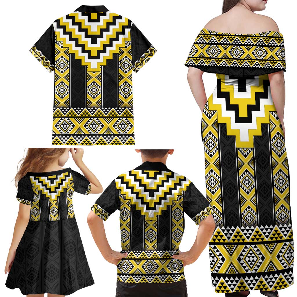 Yellow Taniko Aotearoa Family Matching Off Shoulder Maxi Dress and Hawaiian Shirt Niho Taniwha Mix Poutama