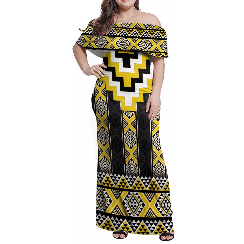 Yellow Taniko Aotearoa Family Matching Off Shoulder Maxi Dress and Hawaiian Shirt Niho Taniwha Mix Poutama