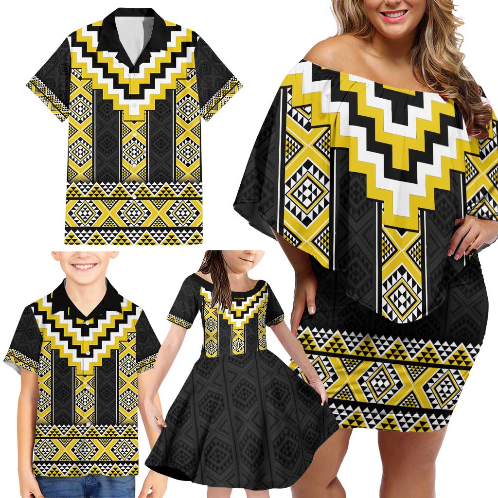 Yellow Taniko Aotearoa Family Matching Off Shoulder Short Dress and Hawaiian Shirt Niho Taniwha Mix Poutama