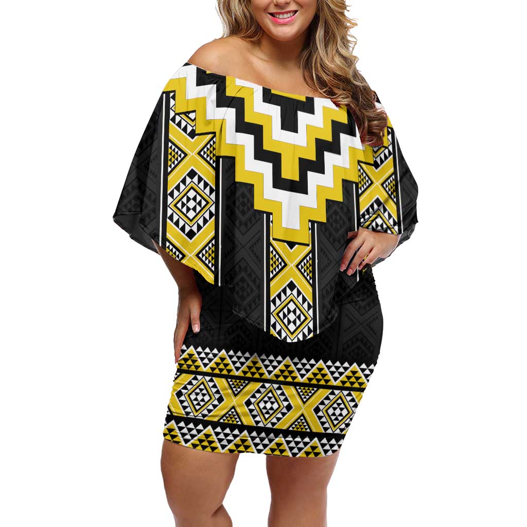 Yellow Taniko Aotearoa Family Matching Off Shoulder Short Dress and Hawaiian Shirt Niho Taniwha Mix Poutama