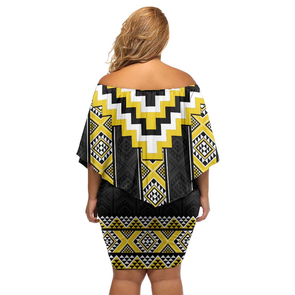 Yellow Taniko Aotearoa Family Matching Off Shoulder Short Dress and Hawaiian Shirt Niho Taniwha Mix Poutama