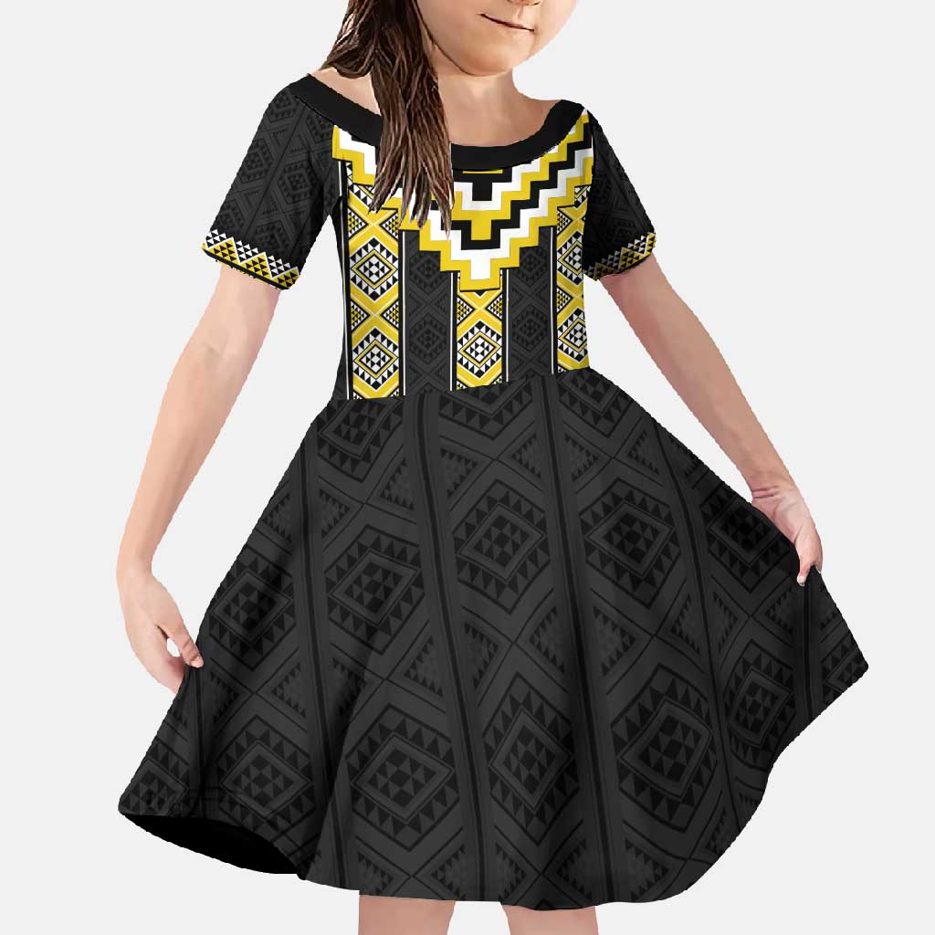 Yellow Taniko Aotearoa Family Matching Short Sleeve Bodycon Dress and Hawaiian Shirt Niho Taniwha Mix Poutama