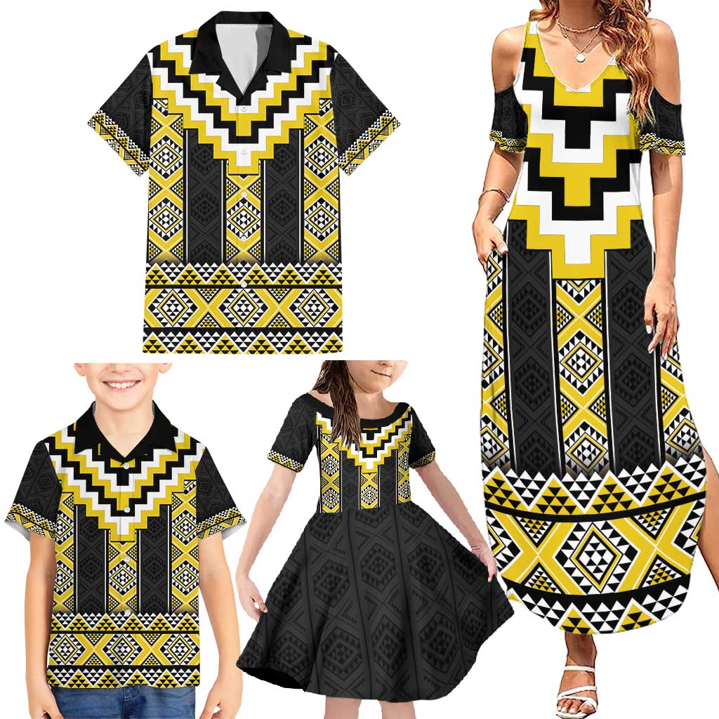 Yellow Taniko Aotearoa Family Matching Summer Maxi Dress and Hawaiian Shirt Niho Taniwha Mix Poutama