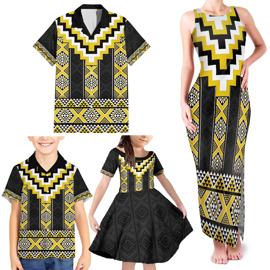 Yellow Taniko Aotearoa Family Matching Tank Maxi Dress and Hawaiian Shirt Niho Taniwha Mix Poutama