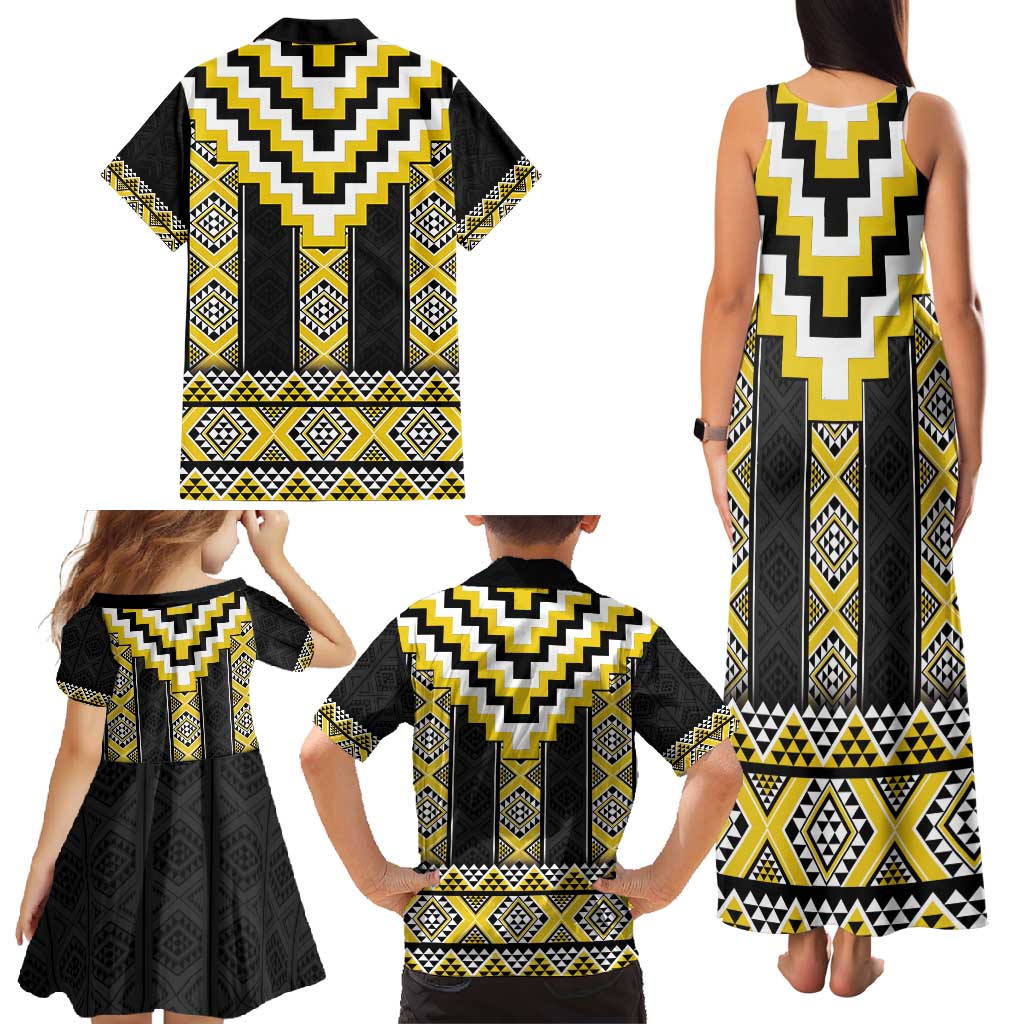 Yellow Taniko Aotearoa Family Matching Tank Maxi Dress and Hawaiian Shirt Niho Taniwha Mix Poutama