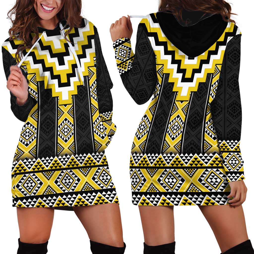 Yellow Taniko Aotearoa Hoodie Dress Niho Taniwha Mix Poutama