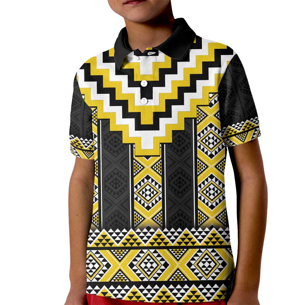 Yellow Taniko Aotearoa Kid Polo Shirt Niho Taniwha Mix Poutama