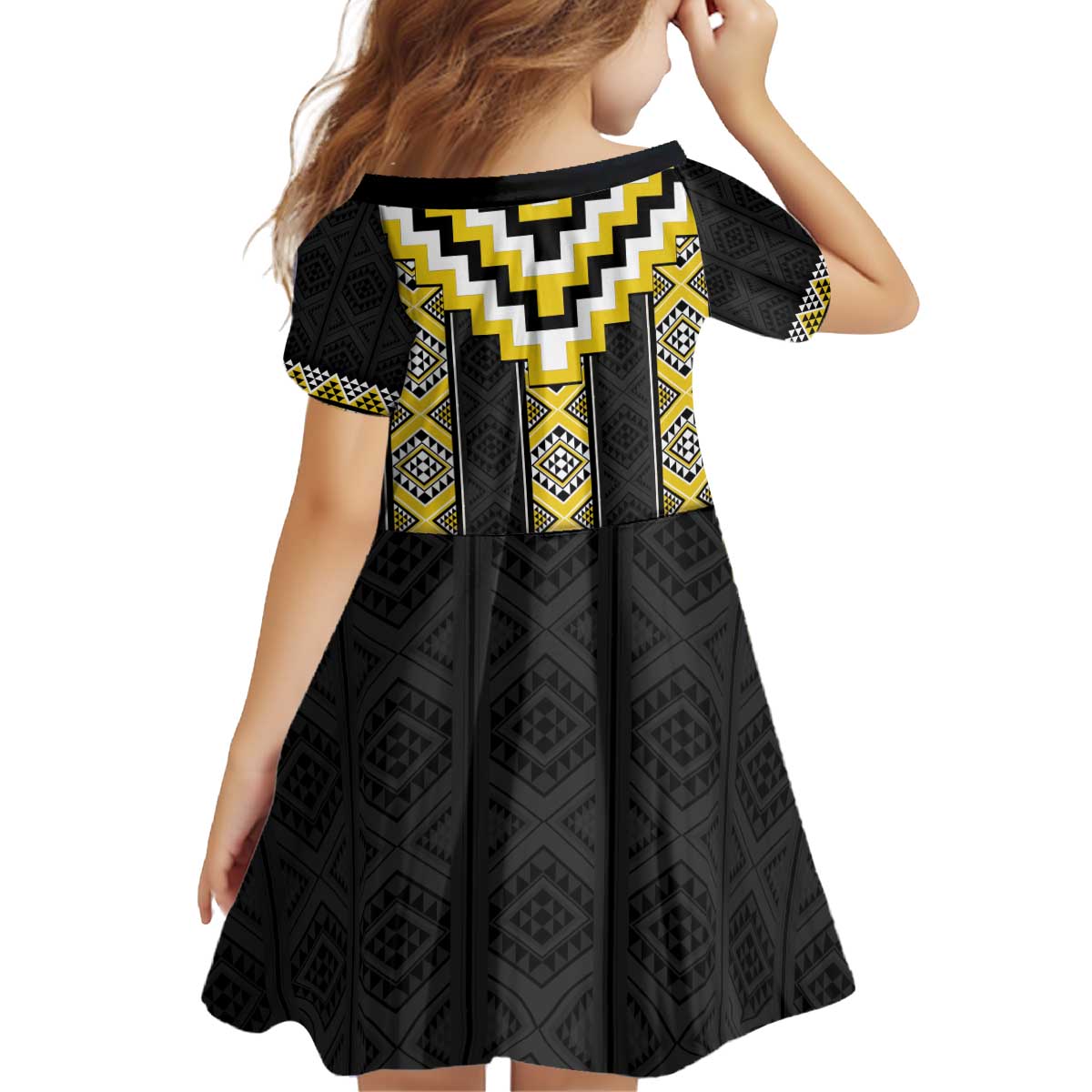 Yellow Taniko Aotearoa Kid Short Sleeve Dress Niho Taniwha Mix Poutama