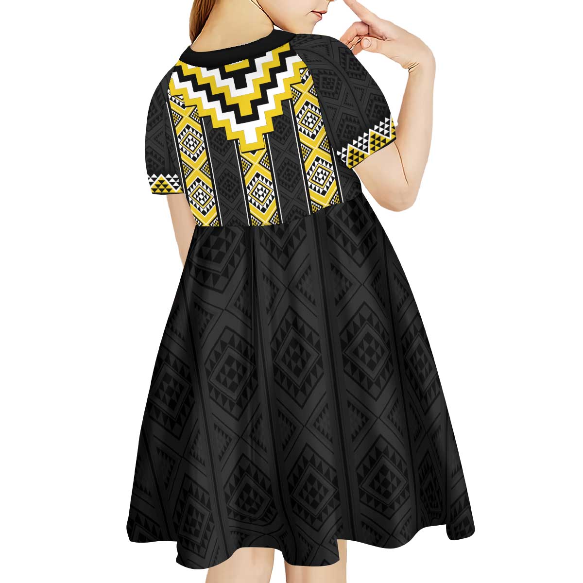 Yellow Taniko Aotearoa Kid Short Sleeve Dress Niho Taniwha Mix Poutama