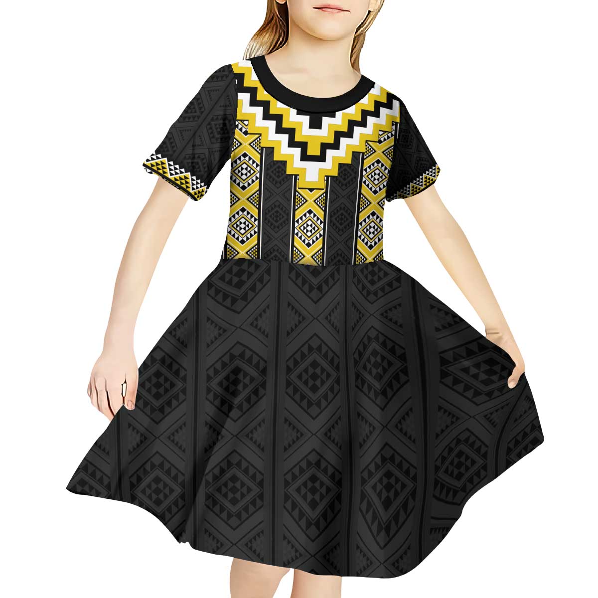 Yellow Taniko Aotearoa Kid Short Sleeve Dress Niho Taniwha Mix Poutama