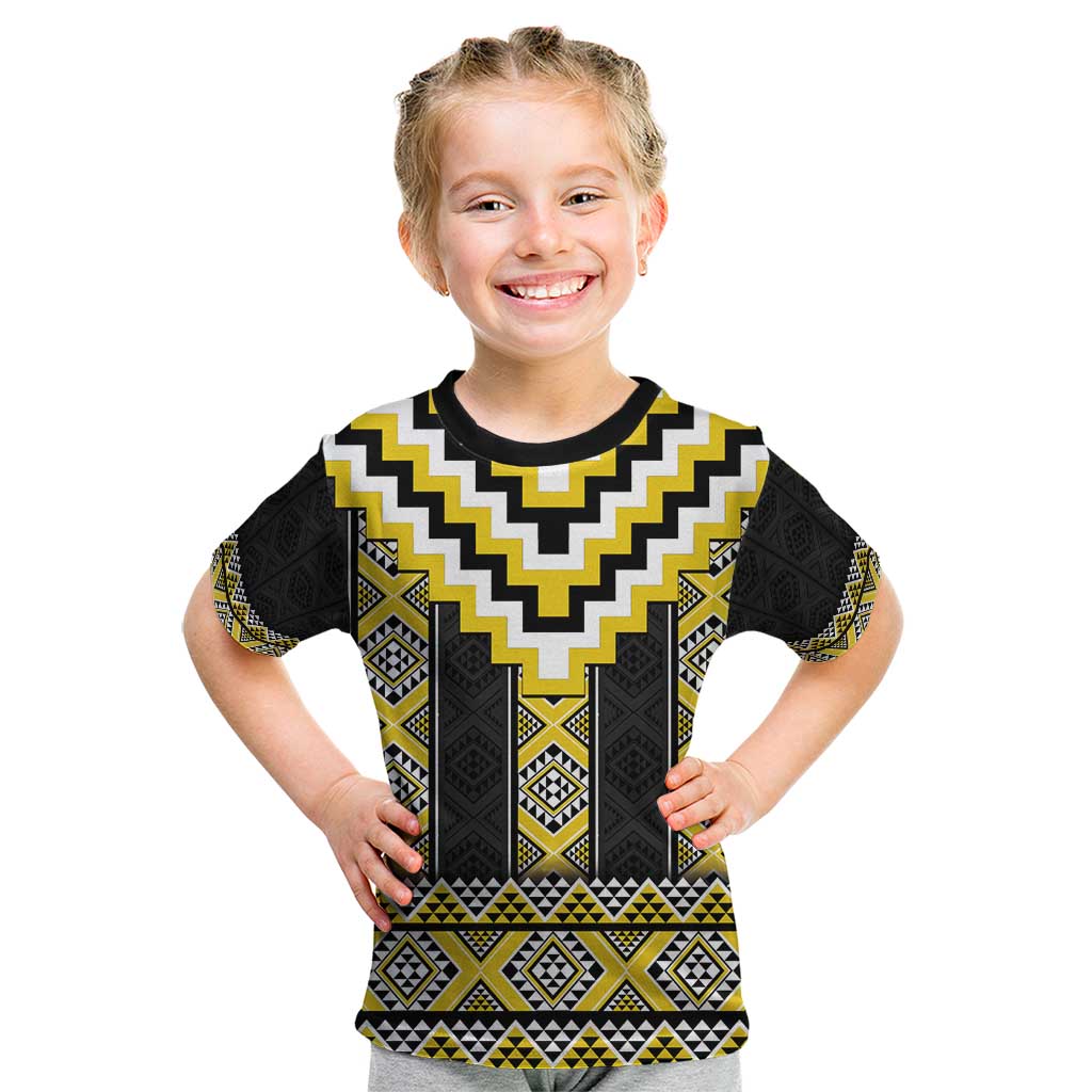 Yellow Taniko Aotearoa Kid T Shirt Niho Taniwha Mix Poutama