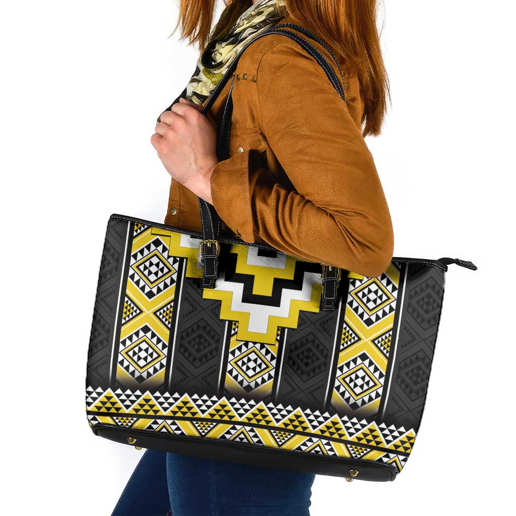 Yellow Taniko Aotearoa Leather Tote Bag Niho Taniwha Mix Poutama