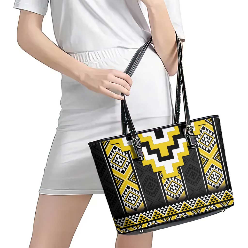 Yellow Taniko Aotearoa Leather Tote Bag Niho Taniwha Mix Poutama