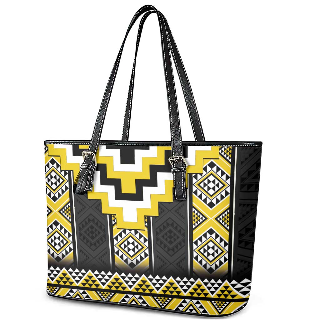 Yellow Taniko Aotearoa Leather Tote Bag Niho Taniwha Mix Poutama