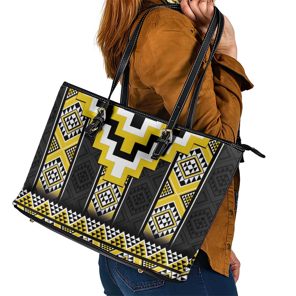 Yellow Taniko Aotearoa Leather Tote Bag Niho Taniwha Mix Poutama