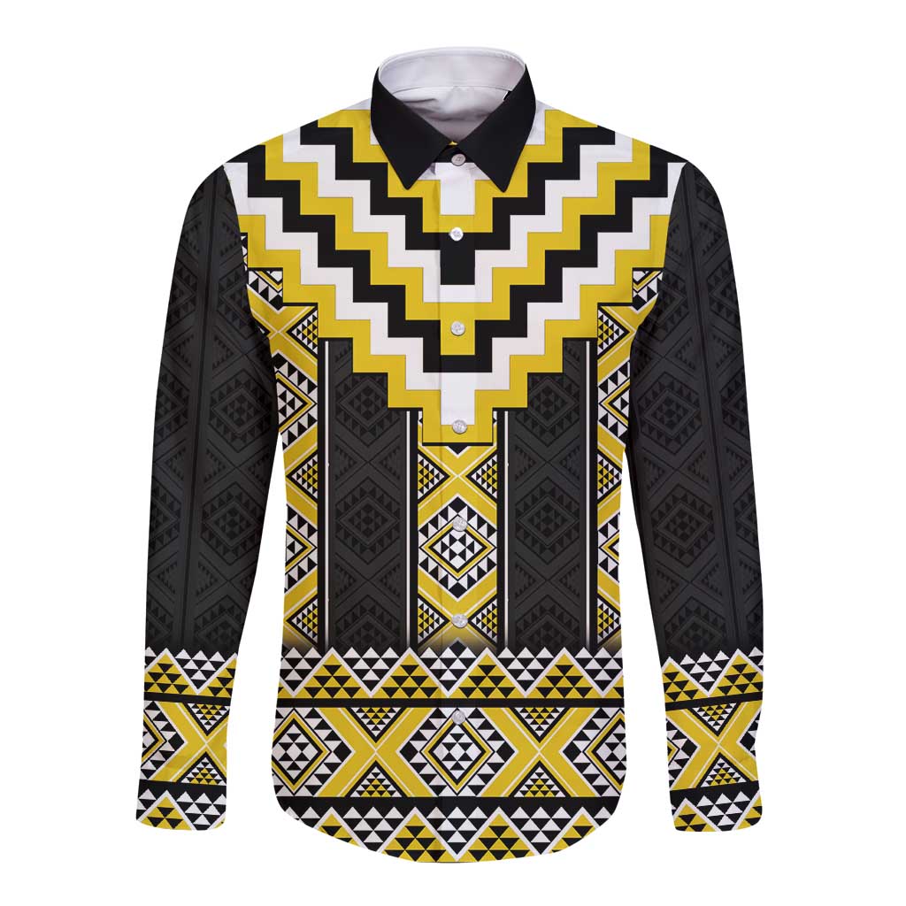 Yellow Taniko Aotearoa Long Sleeve Button Shirt Niho Taniwha Mix Poutama