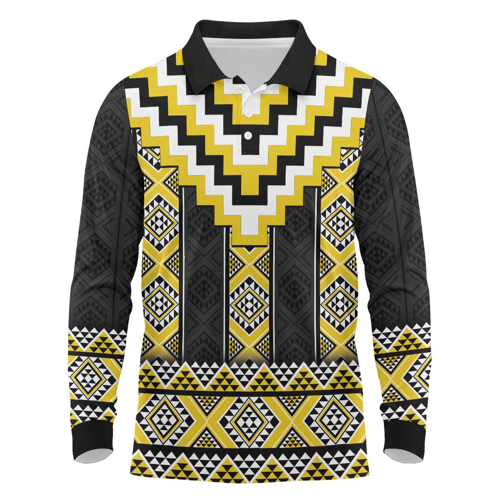 Yellow Taniko Aotearoa Long Sleeve Polo Shirt Niho Taniwha Mix Poutama