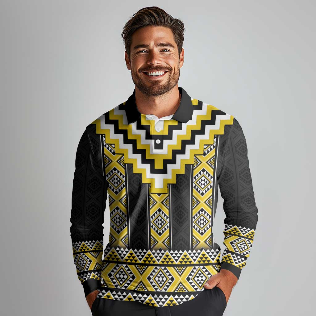 Yellow Taniko Aotearoa Long Sleeve Polo Shirt Niho Taniwha Mix Poutama