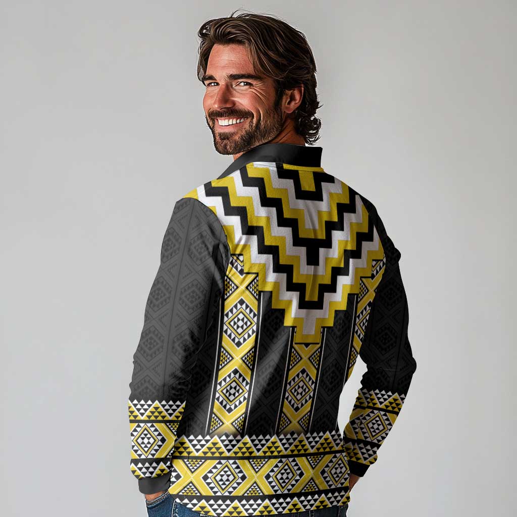 Yellow Taniko Aotearoa Long Sleeve Polo Shirt Niho Taniwha Mix Poutama