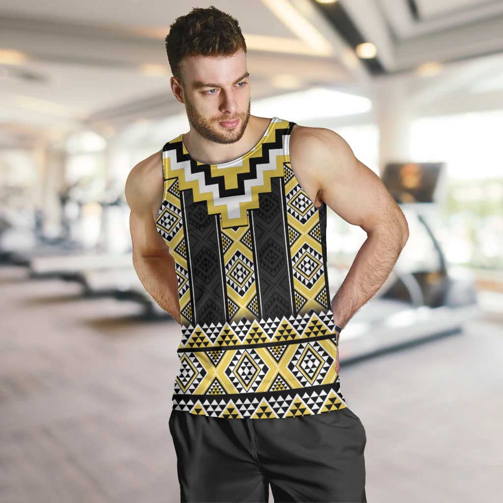 Yellow Taniko Aotearoa Men Tank Top Niho Taniwha Mix Poutama