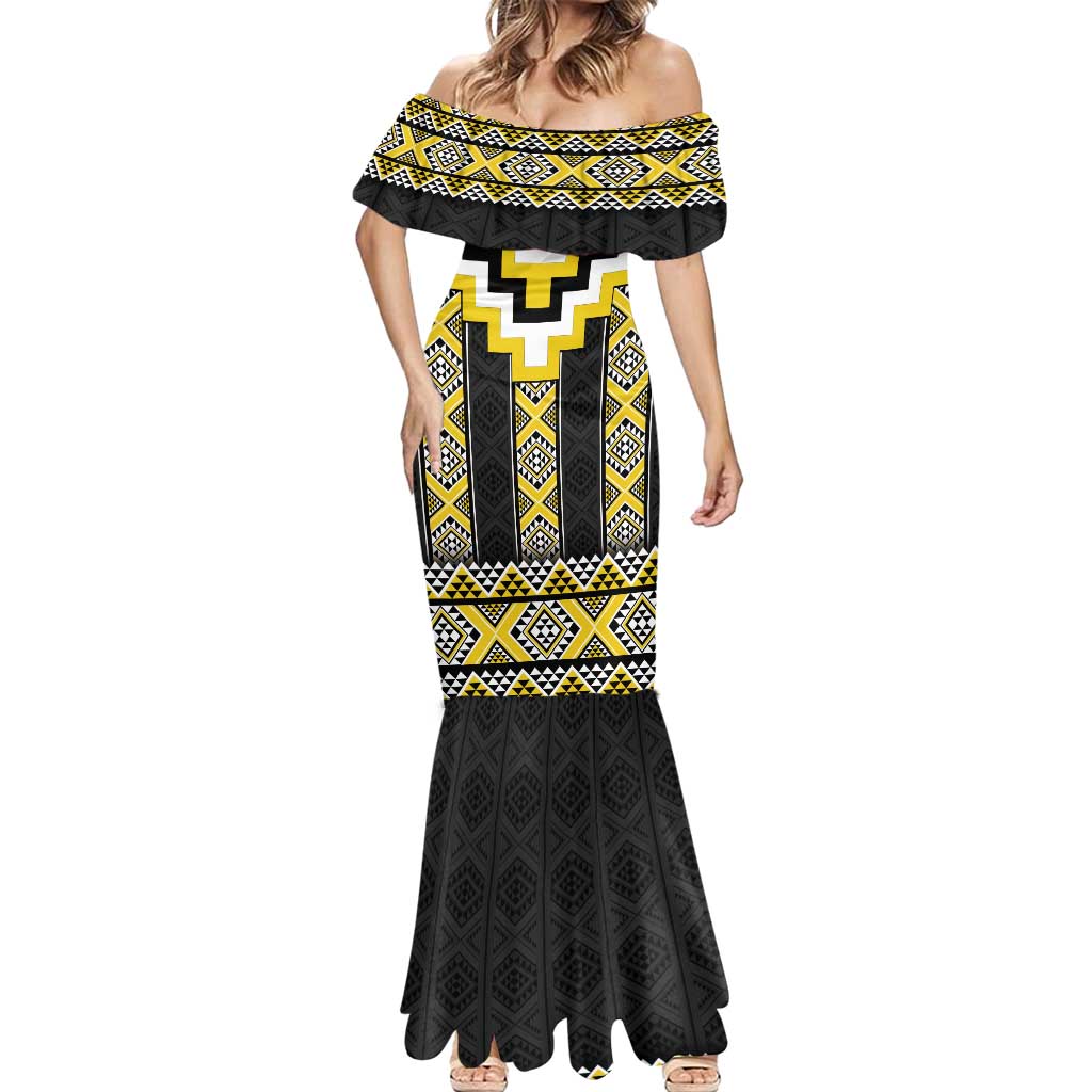 Yellow Taniko Aotearoa Mermaid Dress Niho Taniwha Mix Poutama