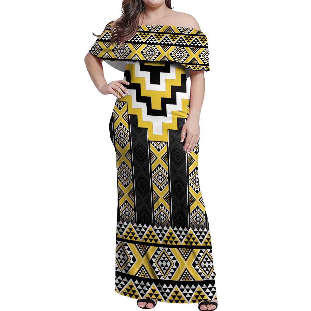 Yellow Taniko Aotearoa Off Shoulder Maxi Dress Niho Taniwha Mix Poutama