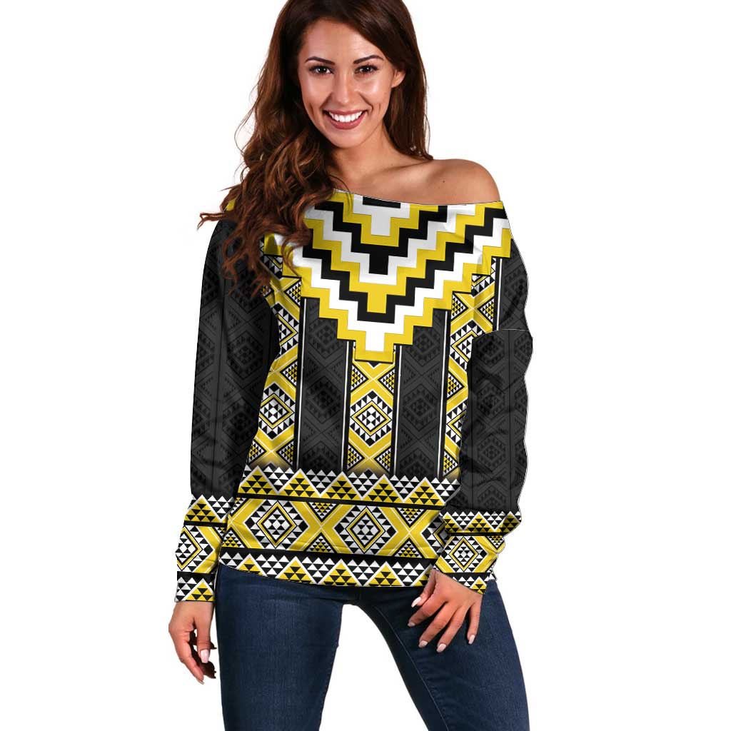 Yellow Taniko Aotearoa Off Shoulder Sweater Niho Taniwha Mix Poutama