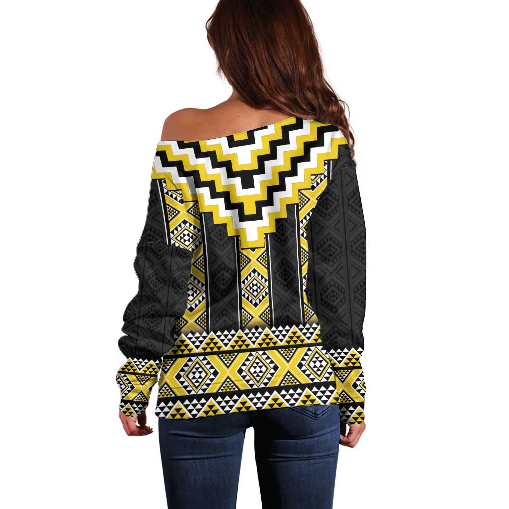 Yellow Taniko Aotearoa Off Shoulder Sweater Niho Taniwha Mix Poutama