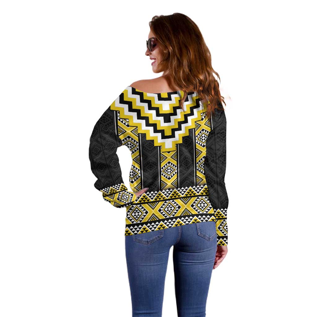 Yellow Taniko Aotearoa Off Shoulder Sweater Niho Taniwha Mix Poutama