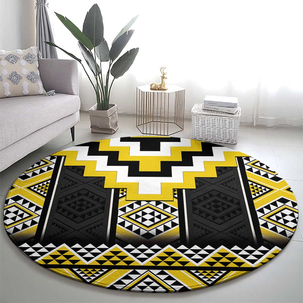 Yellow Taniko Aotearoa Round Carpet Niho Taniwha Mix Poutama