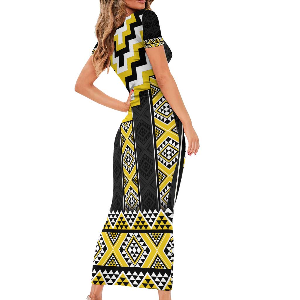 Yellow Taniko Aotearoa Short Sleeve Bodycon Dress Niho Taniwha Mix Poutama